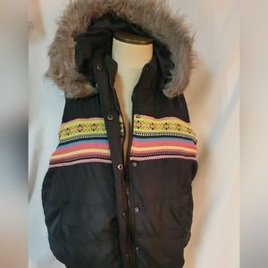 Deb Black Hooded Sleeveless Bomber Vest with Colorful Tribal Stripes